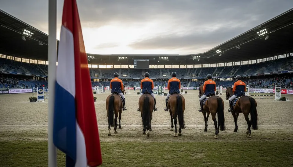 Nederlandse springruiters tijdens de landenwedstrijd op het WK paardensport in Aken