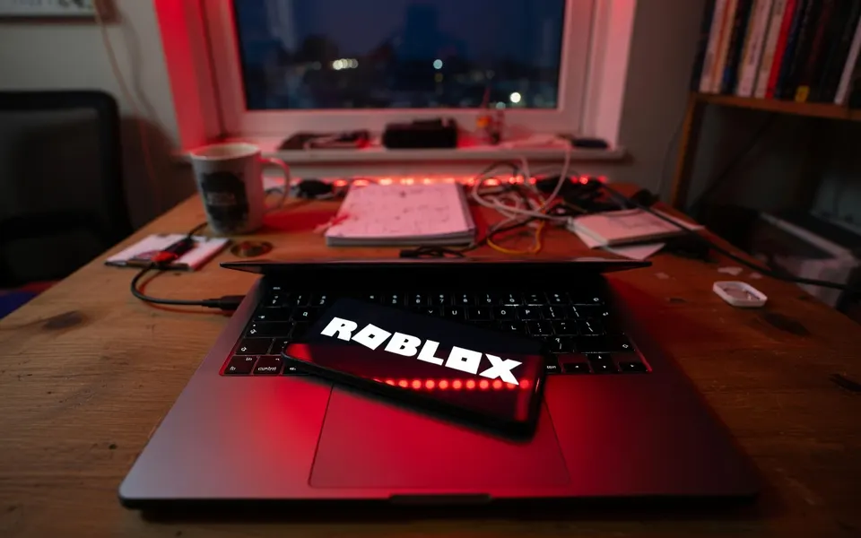 Een laptop toont het logo van gameplatform Roblox