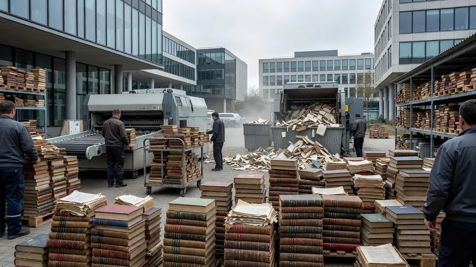 Oude boeken worden op pallets verzameld en na het scannen mogelijk vernietigd