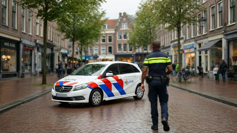 Politieauto in een winkelstraat, terwijl een agent wegloopt