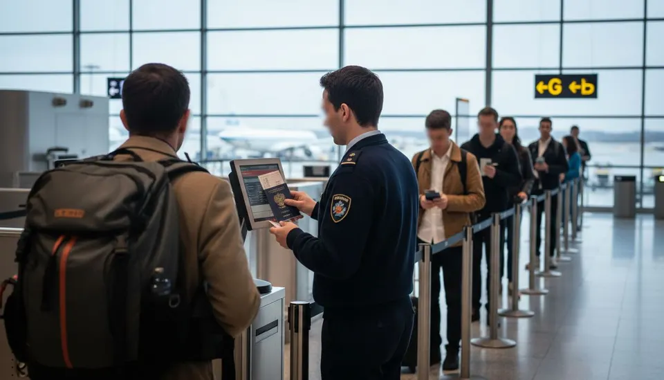 Een grensmedewerker controleert een paspoort van een reiziger op een luchthaven
