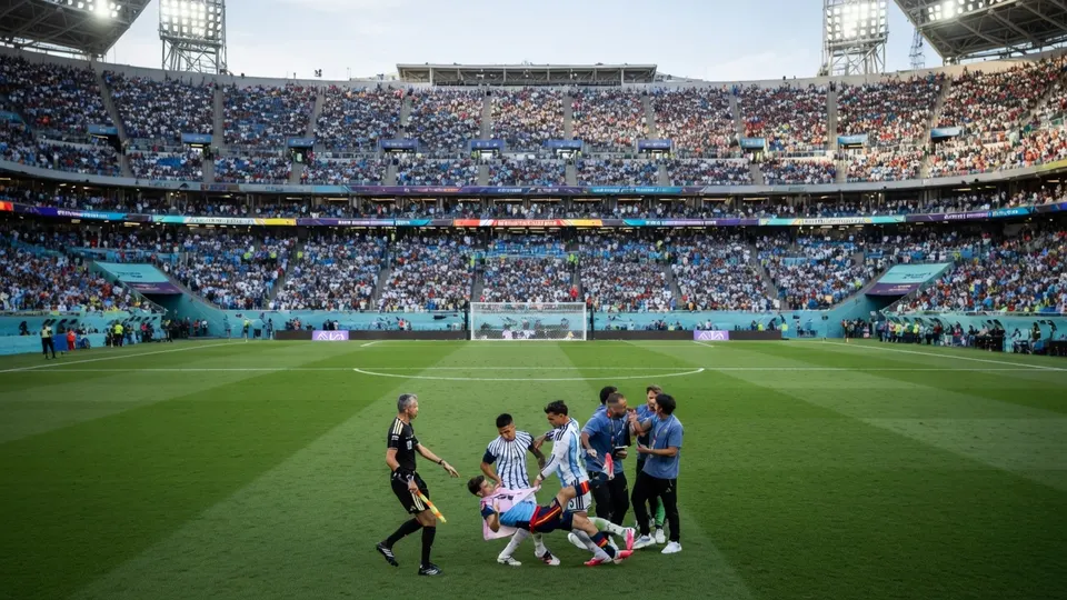 Argentijnse spelers lopen na de verloren WK-finale over het veld