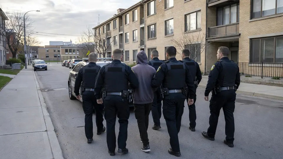 Agenten begeleiden een verdachte na een politieactie bij een appartementencomplex in Montreal
