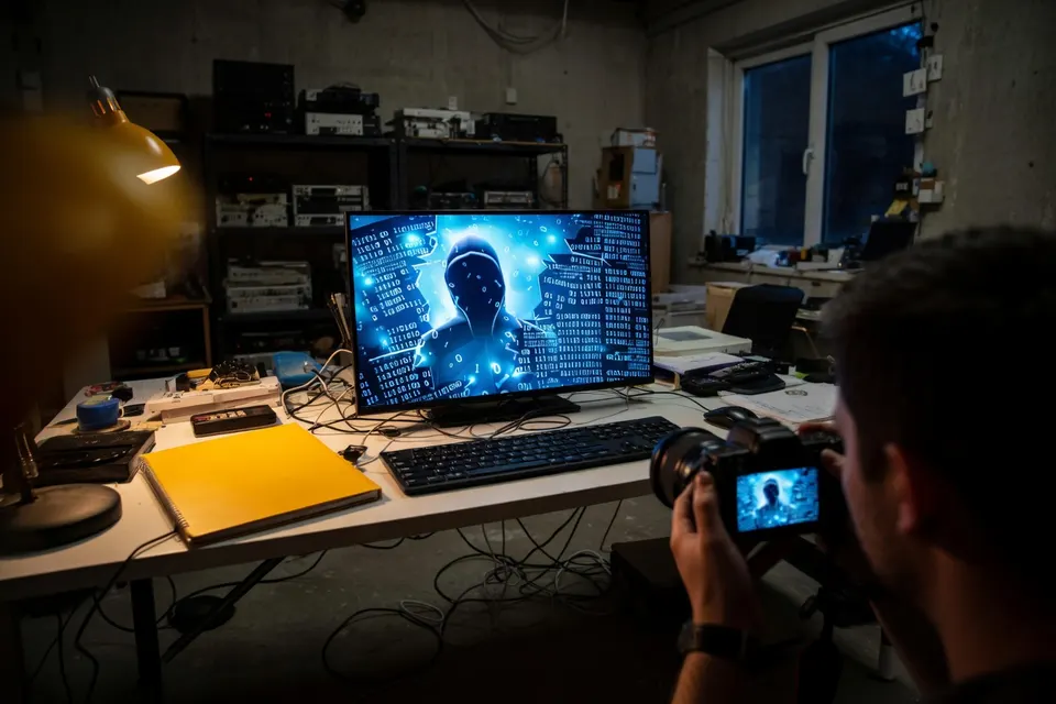 Een computer toont een beeld van cybercriminaliteit tijdens een opname in een kantoor