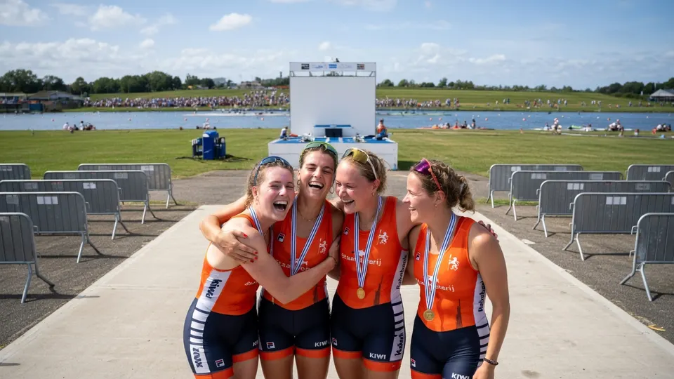 Margot Leeuwenburgh en haar teamgenoten vieren hun wereldtitel in het roeien