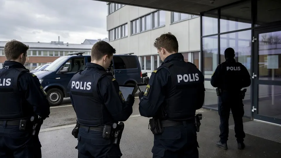 Zweedse politie bij de school in Fagersta waar een zwaardaanval plaatsvond