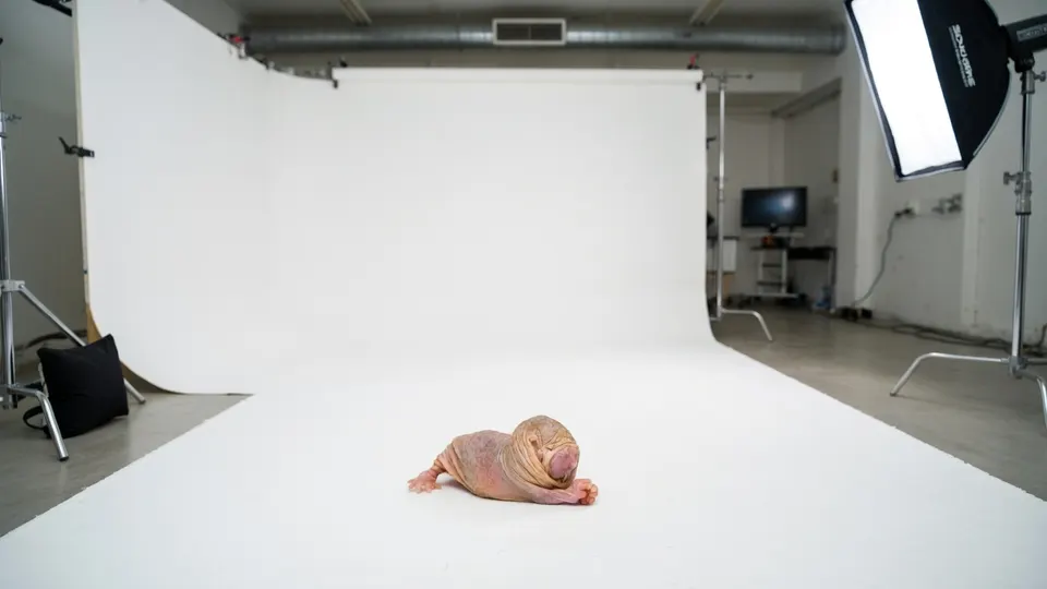 Naakte molrat in een fotostudio