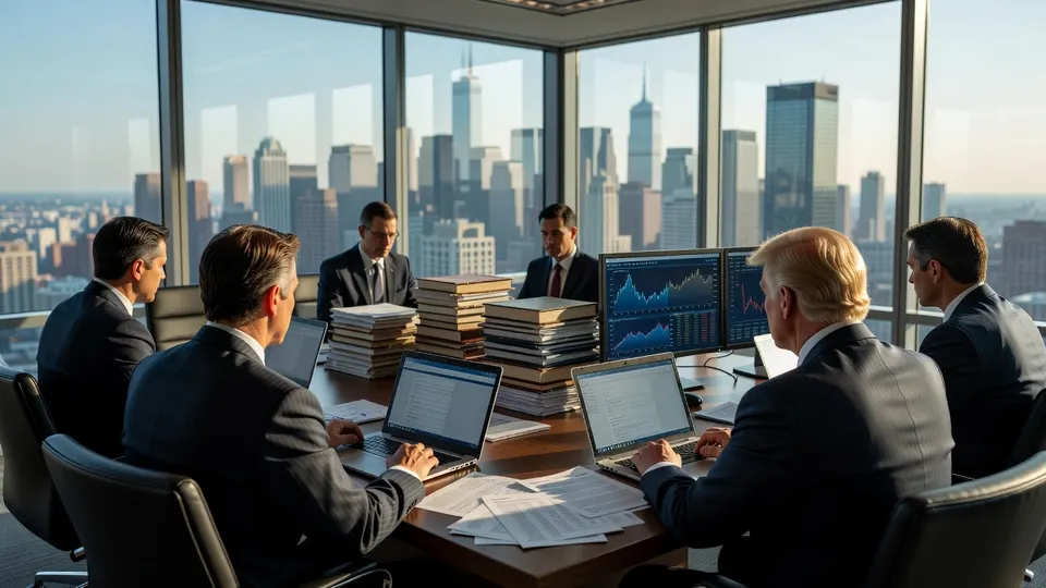 Donald Trump zit met anderen aan tafel bij schermen met financiële grafieken