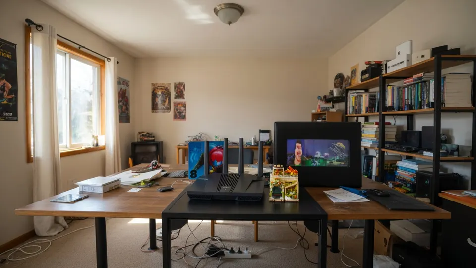 Computerapparatuur en boeken staan in een werkkamer