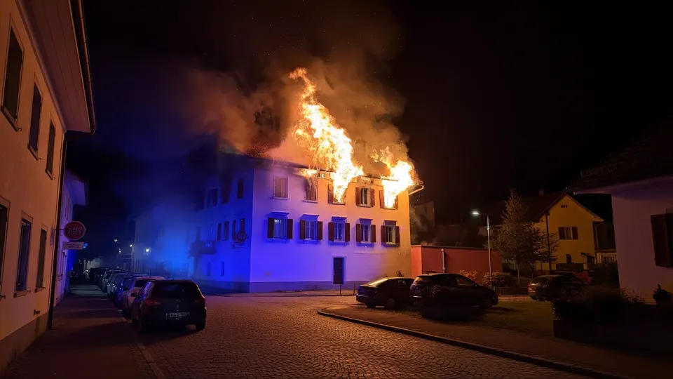 Brandweer blust een brandend woongebouw met restaurant in het Zwitserse Thusis