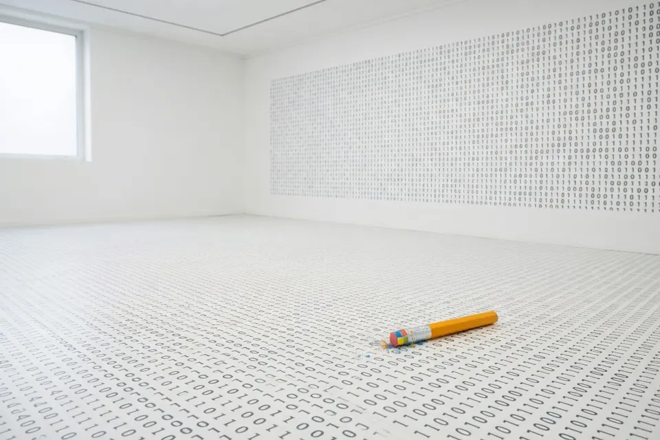 Een potlood ligt op een vloer en muur met binaire cijfers