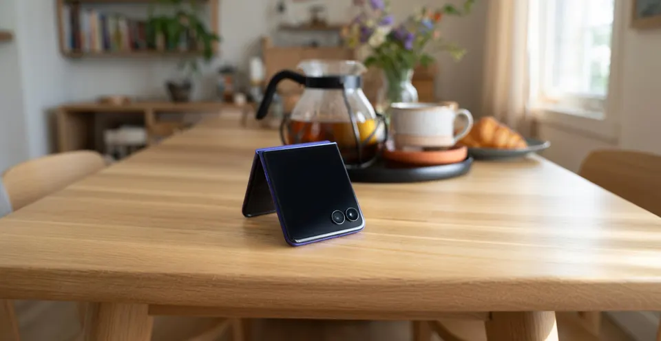 Een dichtgeklapte smartphone staat op tafel