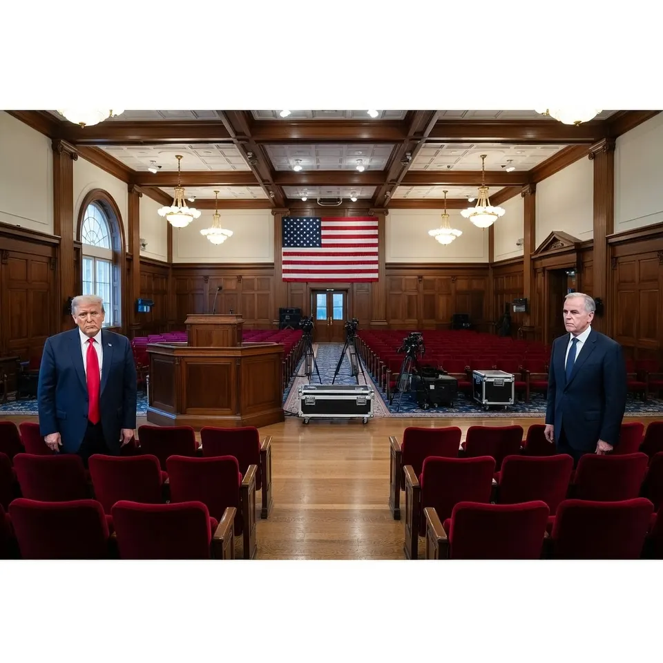 Donald Trump staat in een Amerikaanse rechtszaal naast een andere man