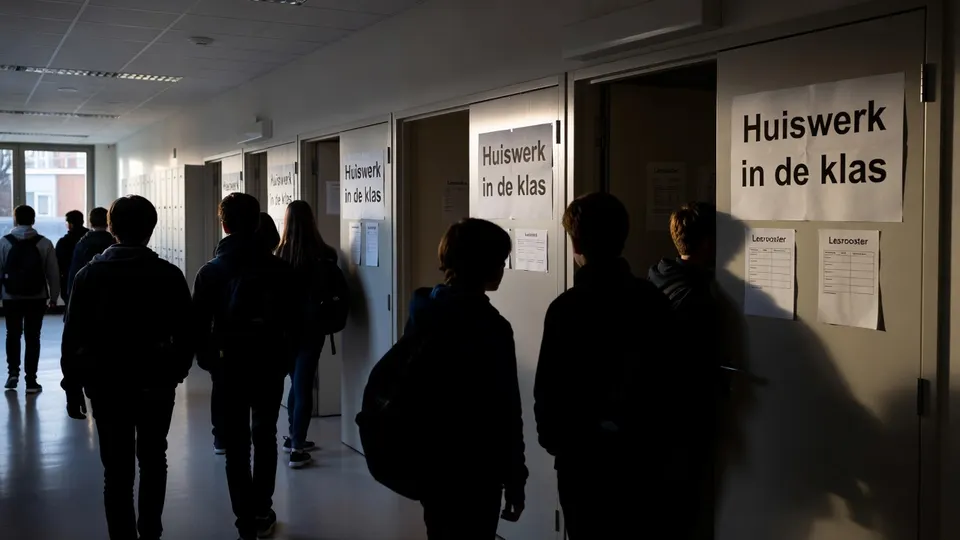 Leerlingen lopen langs lokalen met posters over huiswerk in de klas