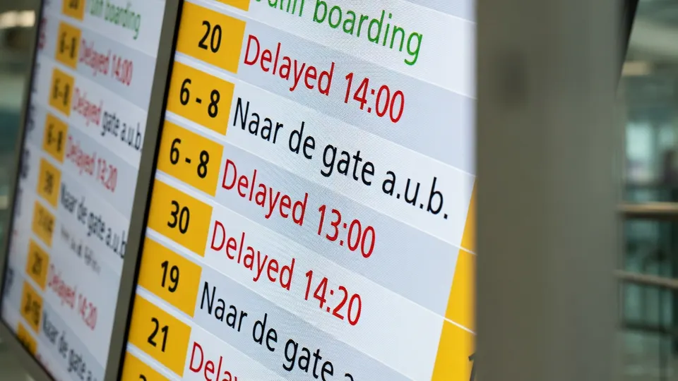 Vertrekbord op een luchthaven met meerdere vertraagde vluchten