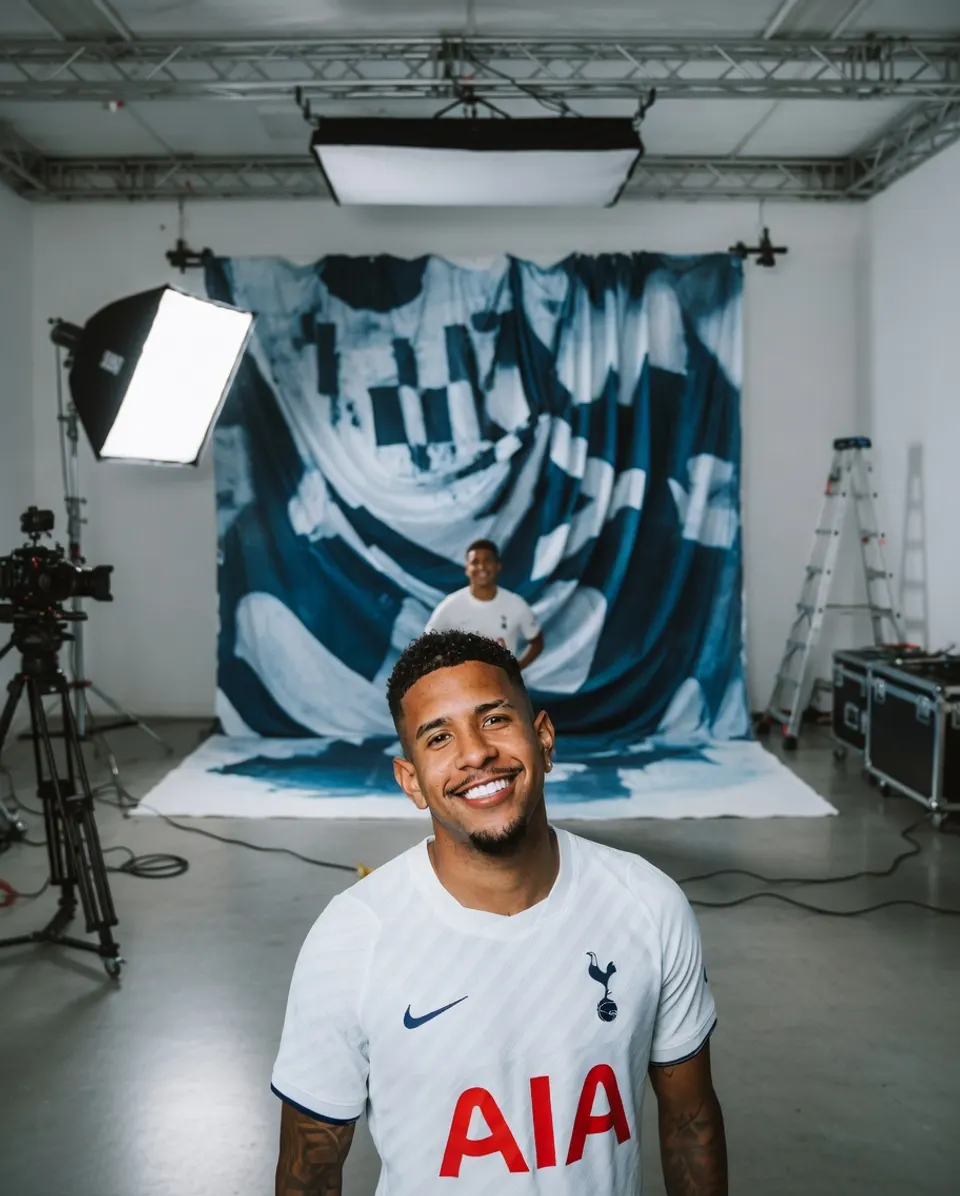 Sávio poseert in het shirt van Tottenham Hotspur