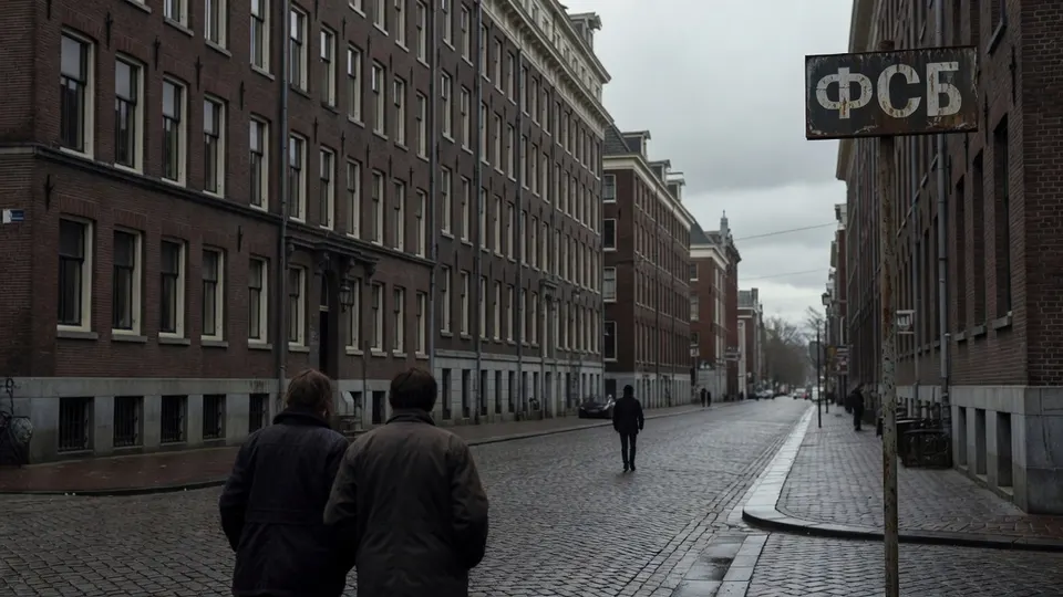 Straatbeeld in Moskou met een bord van de Russische veiligheidsdienst FSB