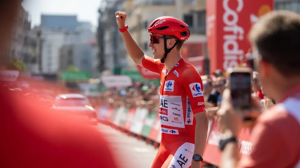 Tadej Pogacar viert zijn overwinning in de vierde etappe van de Vuelta a España