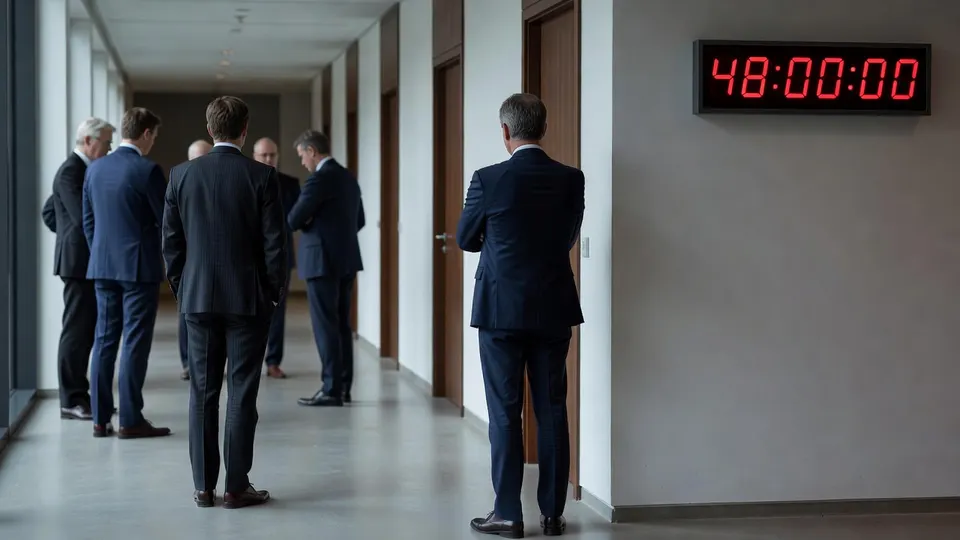 Onderhandelaars wachten in een regeringsgebouw, terwijl de klok aftelt tot de ministerraad