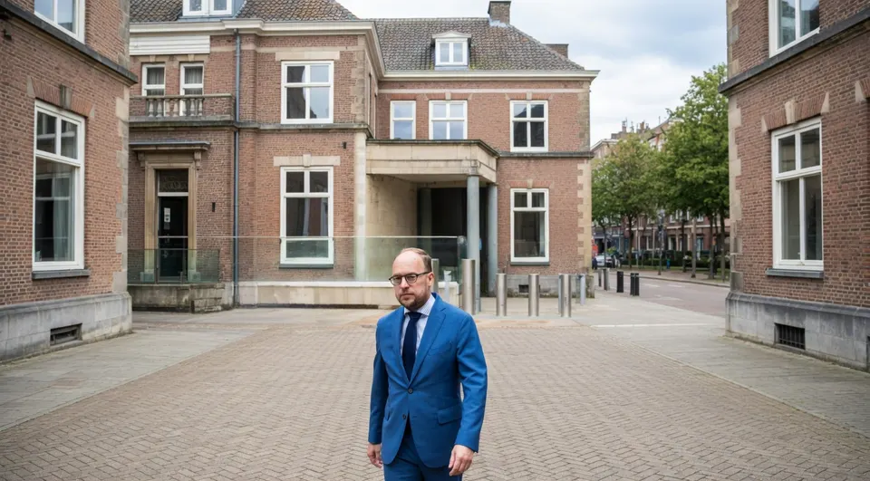 Staatssecretaris Eelco Eerenberg loopt voor een gebouw