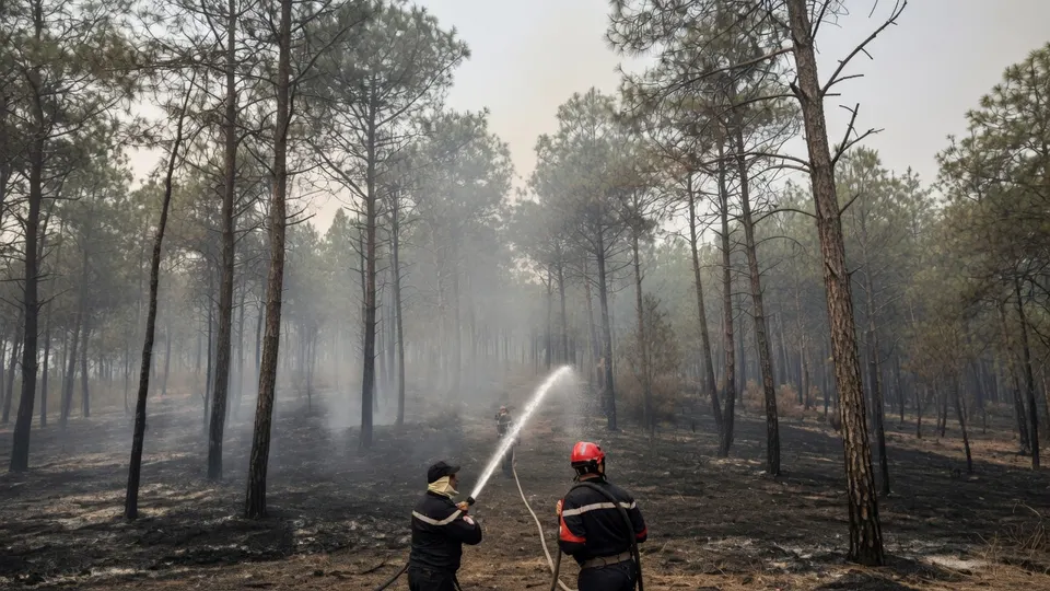 Brandweerlieden blussen een natuurbrand in een bosgebied in Algerije