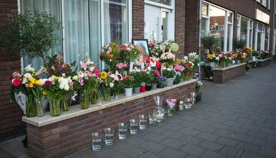 Bloemen en kaarsen bij een woning ter nagedachtenis aan een gedode vrouw