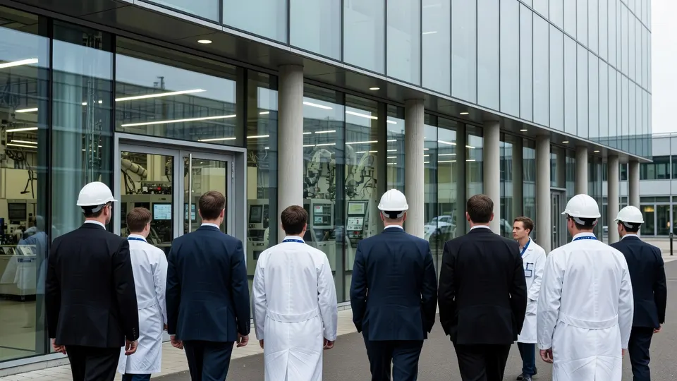 Medewerkers bij een gebouw van een Nederlands chipbedrijf