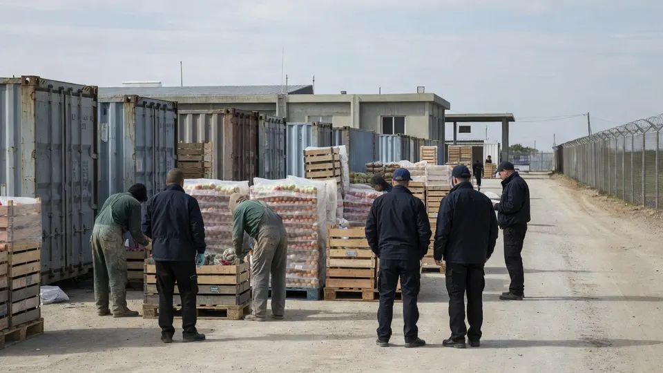Luchtfoto van een opslagterrein met pallets en containers op een niet nader genoemde locatie