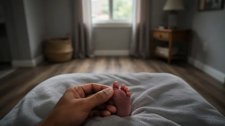 Hand van een ouder bij de voet van een baby, ter illustratie van de bijzondere tweelinggeboorte