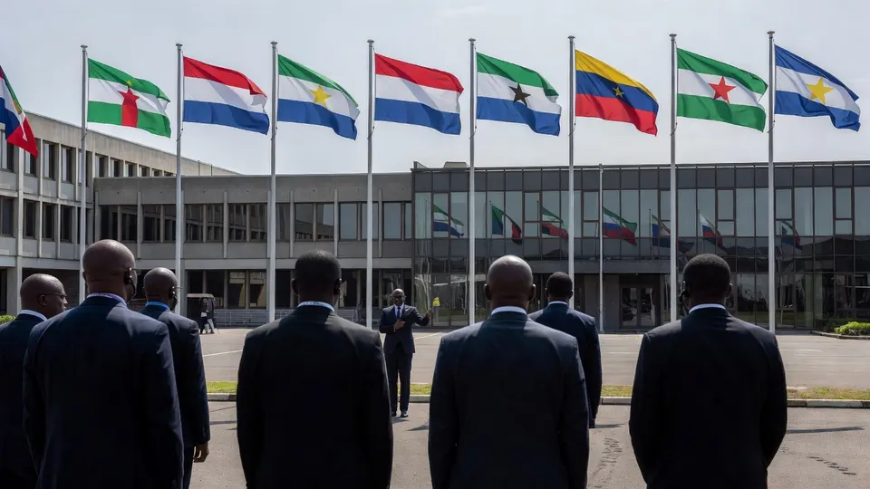 Nederlandse delegatie bij het gebouw van de regionale West-Afrikaanse organisatie ECOWAS