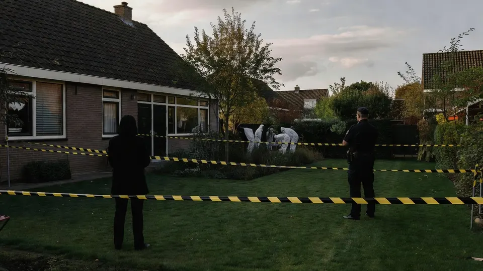 Politie onderzoekt de tuin van een woning aan de Eikengaard in Boxtel na de vondst van een overleden vrouw