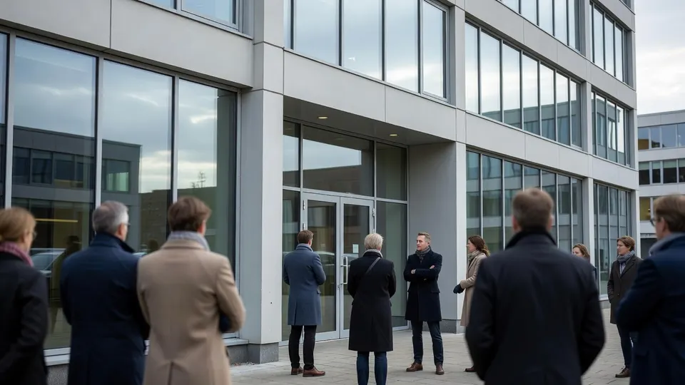 Mensen staan bij de ingang van een kantoorgebouw