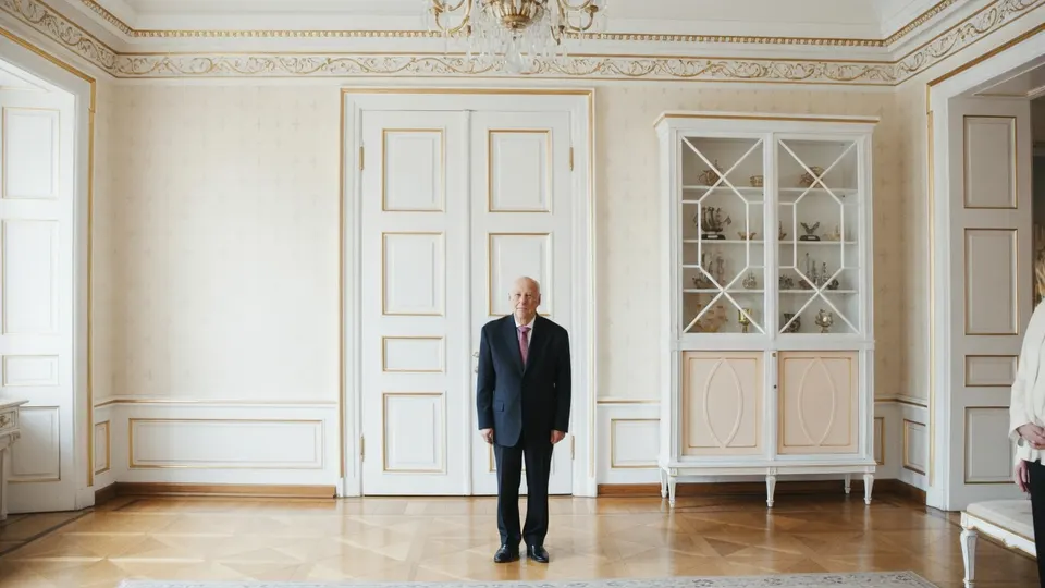 De Noorse koning Harald staat in een paleiszaal