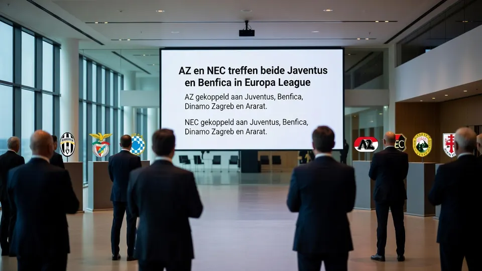 Op een scherm staan de Europa League-duels van AZ en NEC tegen onder meer Juventus en Benfica