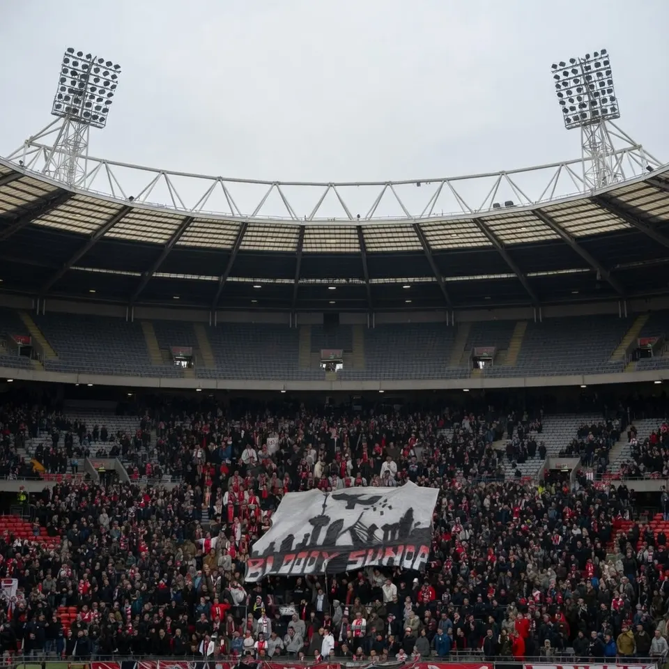 Supporters van Feyenoord op de tribune tijdens de uitwedstrijd tegen SC Cambuur