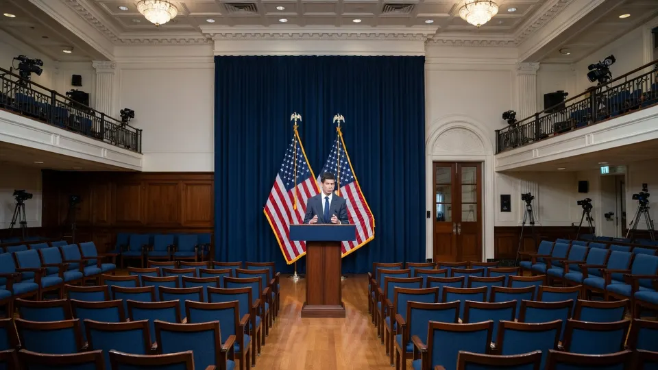 Een spreker staat bij een katheder voor Amerikaanse vlaggen