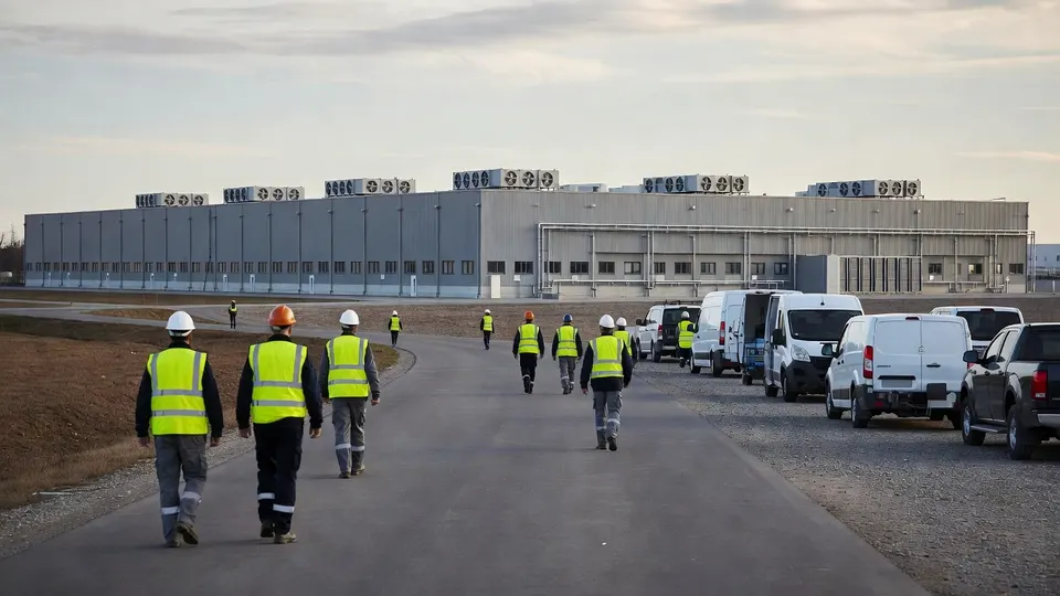 Werknemers lopen richting een datacenter in aanbouw in de Verenigde Staten