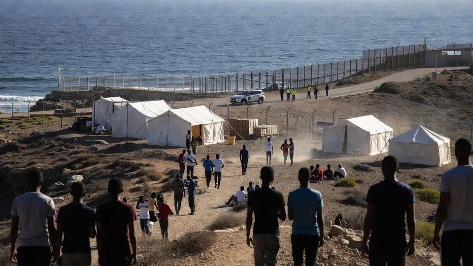 Migranten lopen langs tenten in een opvangkamp bij de grens van Ceuta