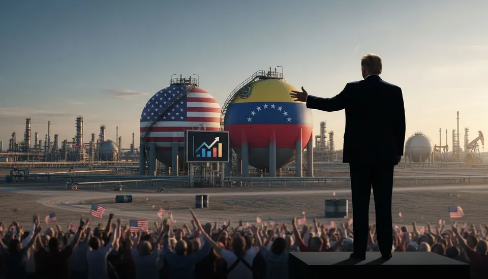 Donald Trump staat voor olieopslagtanks met Amerikaanse en Venezolaanse vlaggen