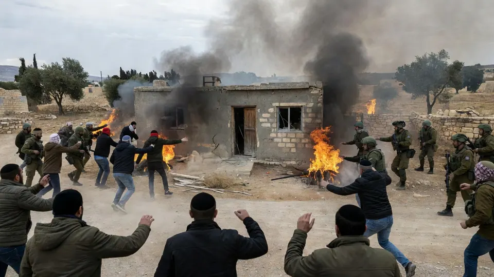 Palestijnen proberen kolonisten bij een brandend huis in Qusra op afstand te houden