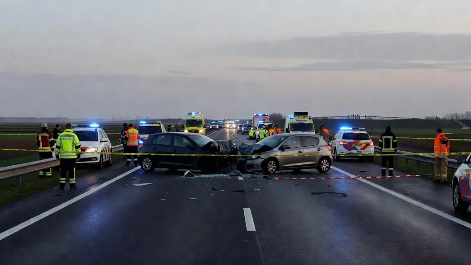 Hulpdiensten onderzoeken een frontale botsing op de afgesloten Markerwaarddijk tussen Lelystad en Enkhuizen