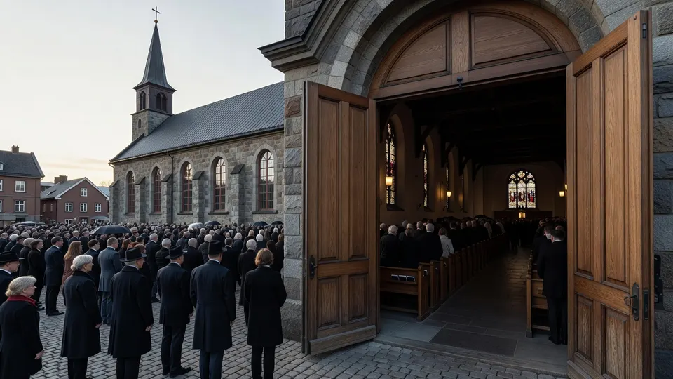 Rouwenden staan buiten de kerk van Asker, waar de Noorse koninklijke familie een herdenkingsdienst bijwoont