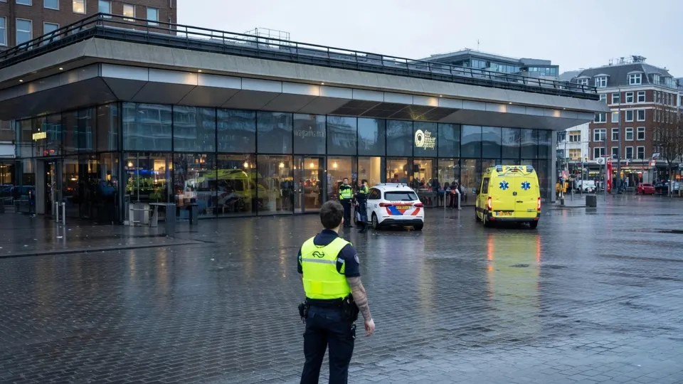 Politie en hulpdiensten bij de plek van de steekpartij bij Amsterdam Centraal