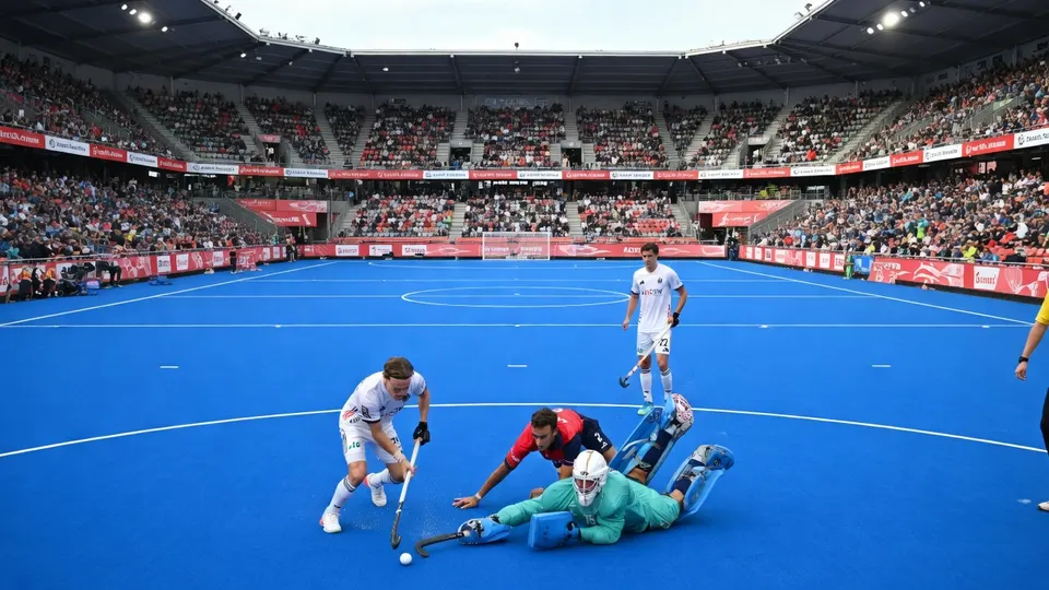 Duitse en Spaanse hockeyers strijden om de bal in de WK-finale in Waver