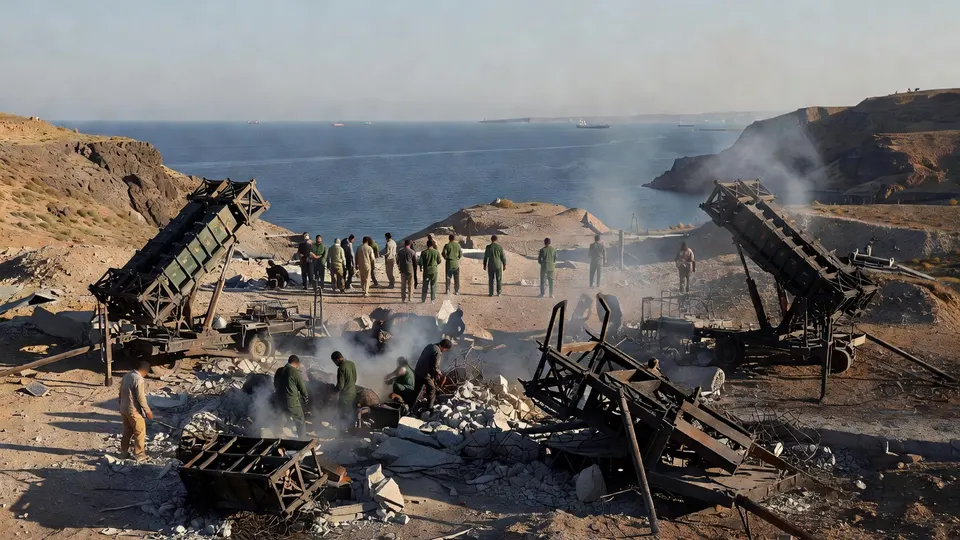 Ravage en rook na Amerikaanse aanvallen op Iraanse lanceerinstallaties op het eiland Larak
