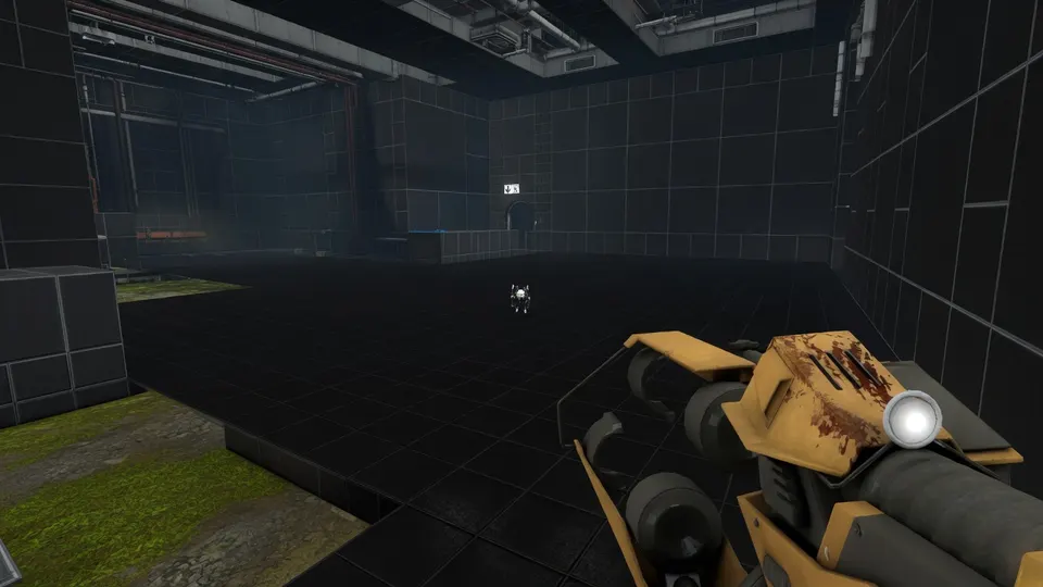 Beeld uit een vroege versie van Portal 2 met een prototypewapen