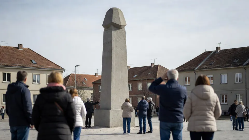 Inwoners bekijken het omstreden oorlogsmonument in Devecser, dat volgens veel kijkers op een penis lijkt