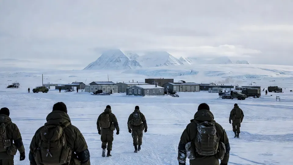 Nederlandse mariniers lopen tijdens een militaire oefening door het besneeuwde landschap van Groenland