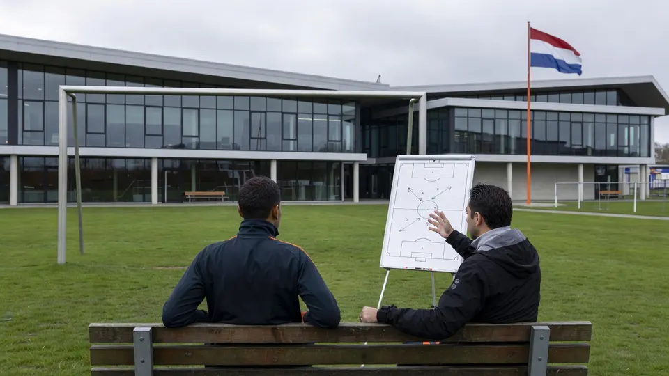 Een voetbaltraining op het veld van een stadion, met de Nederlandse vlag op de achtergrond