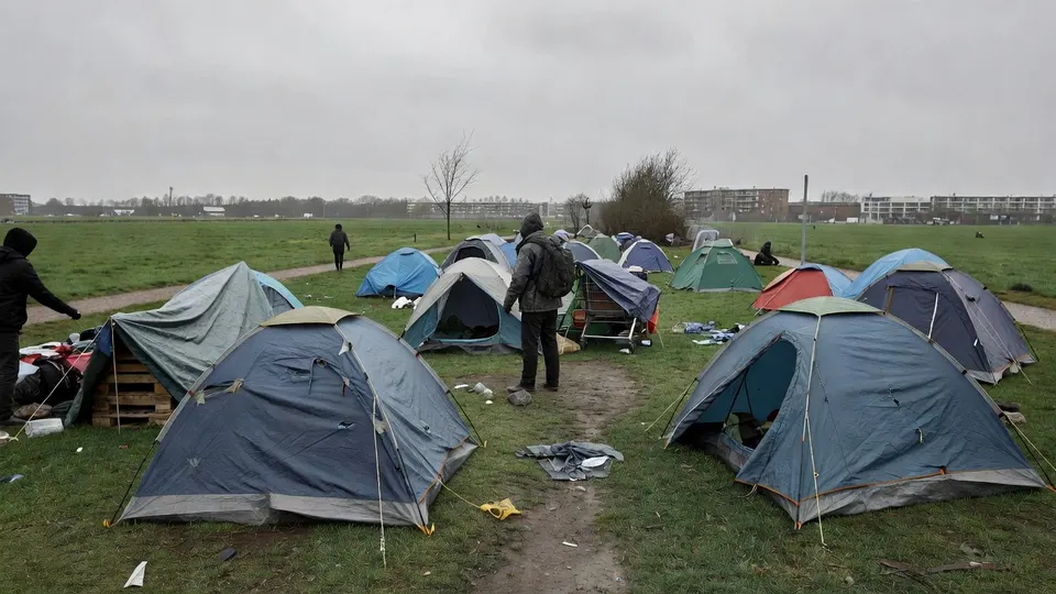 Tentenkamp van daklozen in een weiland